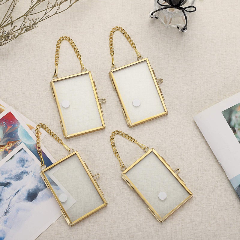 JUXYES Set of 4 Mini Wall Hanging Brass Frames for Pressed Flowers, Double Glass Hanging Picture Artwork Display Frame, Vertical Gold Floater Style Gallery Wall Frame for Photo Picture Poster etc, 3x2 Inches - Image 5
